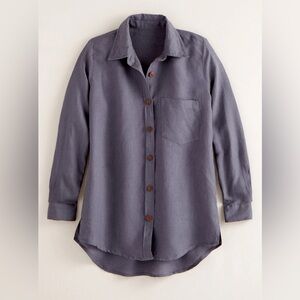 Petalura European Washed Linen Natural Button Down Shirt in Slate Blue.tunic 1X
